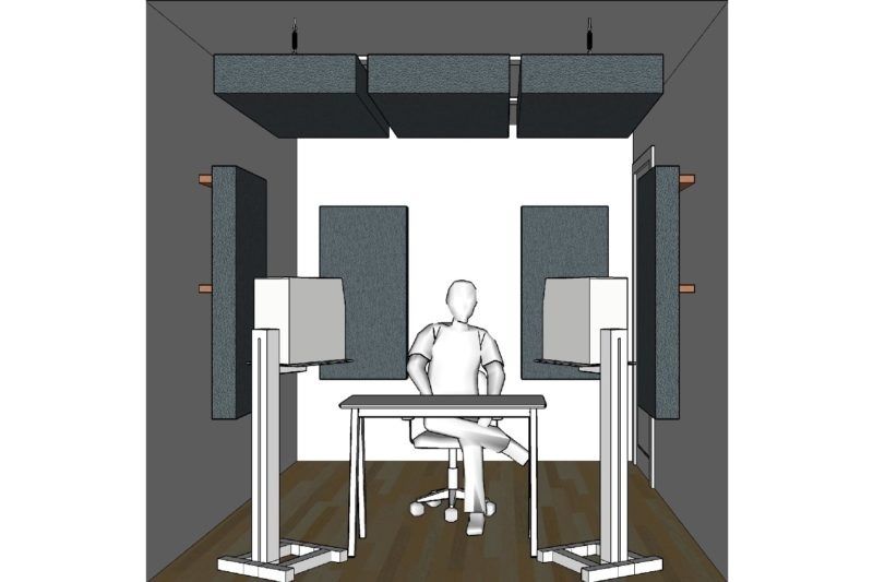 Illustration of a desk, seated person, and acoustic panels in a small room