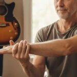 Man stretches one arm in front of a guitar, illustrating musician ergonomics
