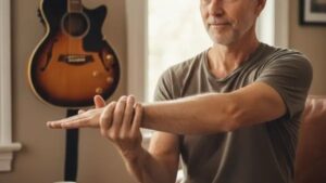 Man stretches one arm in front of a guitar, illustrating musician ergonomics