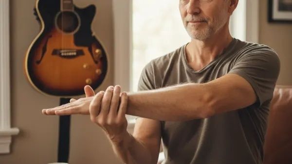 Man stretches one arm in front of a guitar, illustrating musician ergonomics